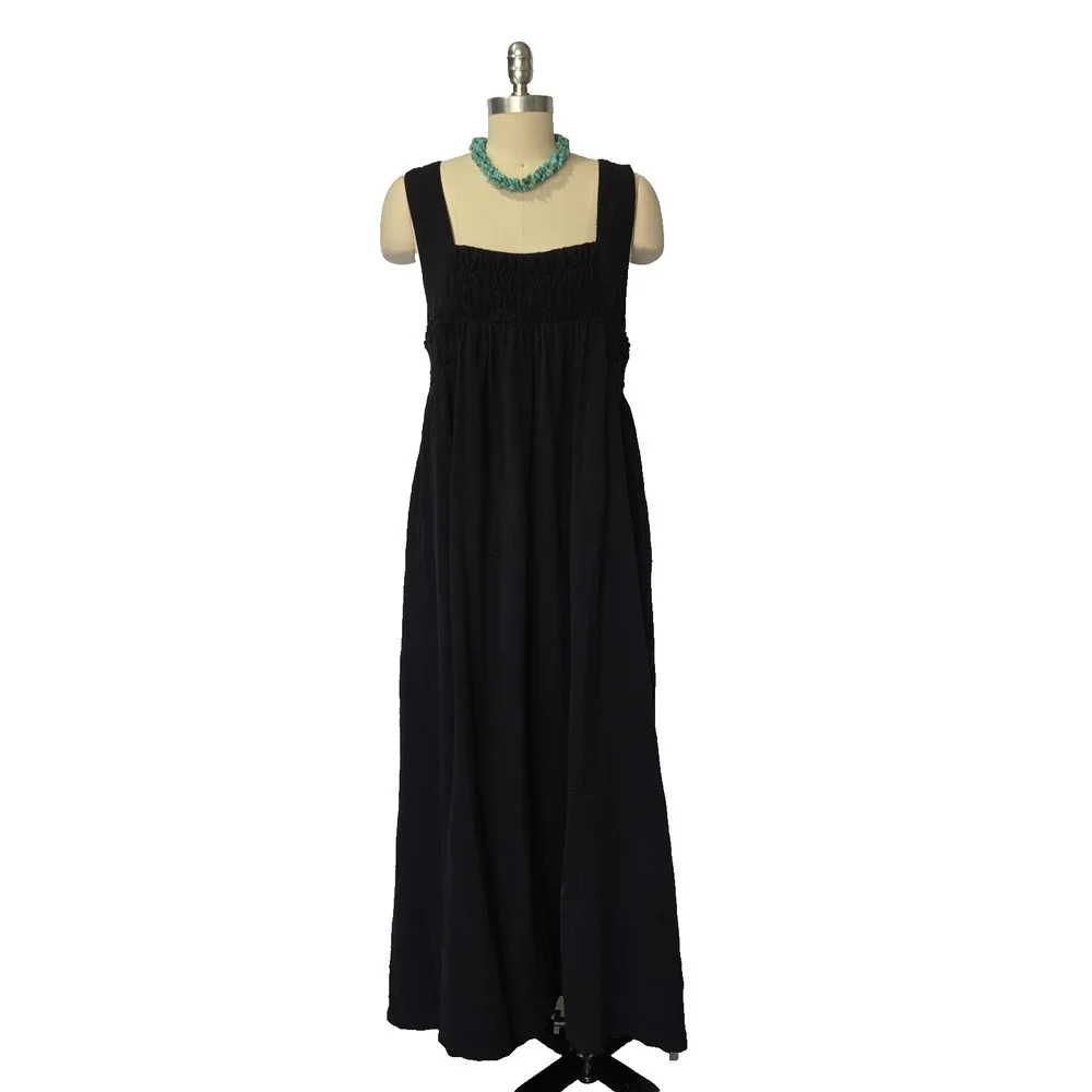 Free People Delphine Midi Dress Size M Black Sleeveless Gauzy Smocked Jumper